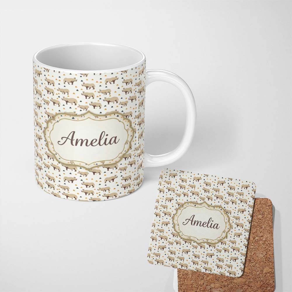 Personalized Custom Name Simple Beige Rhino with Geometric Shapes Seamless Pattern Custom 11oz Ceramic Coffee Tea Mug White Large Handle