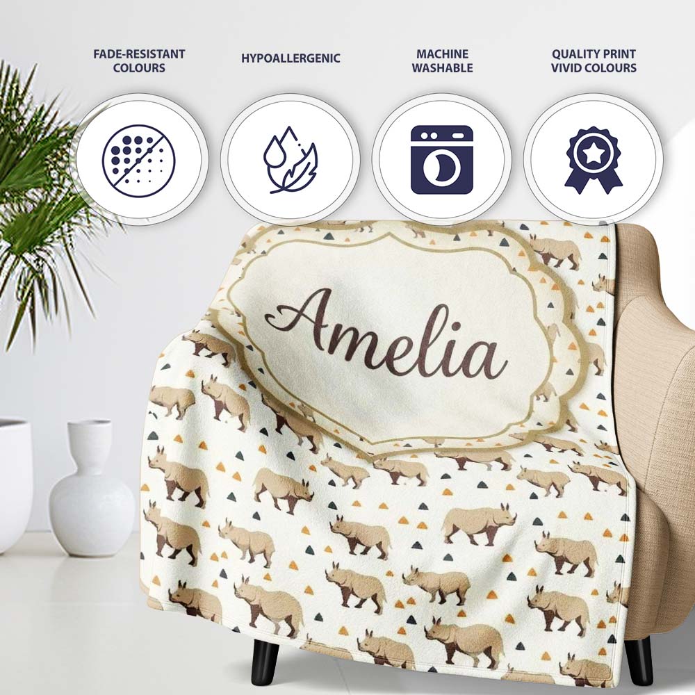 Simple Beige Rhino with Geometric Shapes Seamless Pattern Custom  Personalised Custom Name Super Soft Fleece Blanket Bed Sofa Throw
