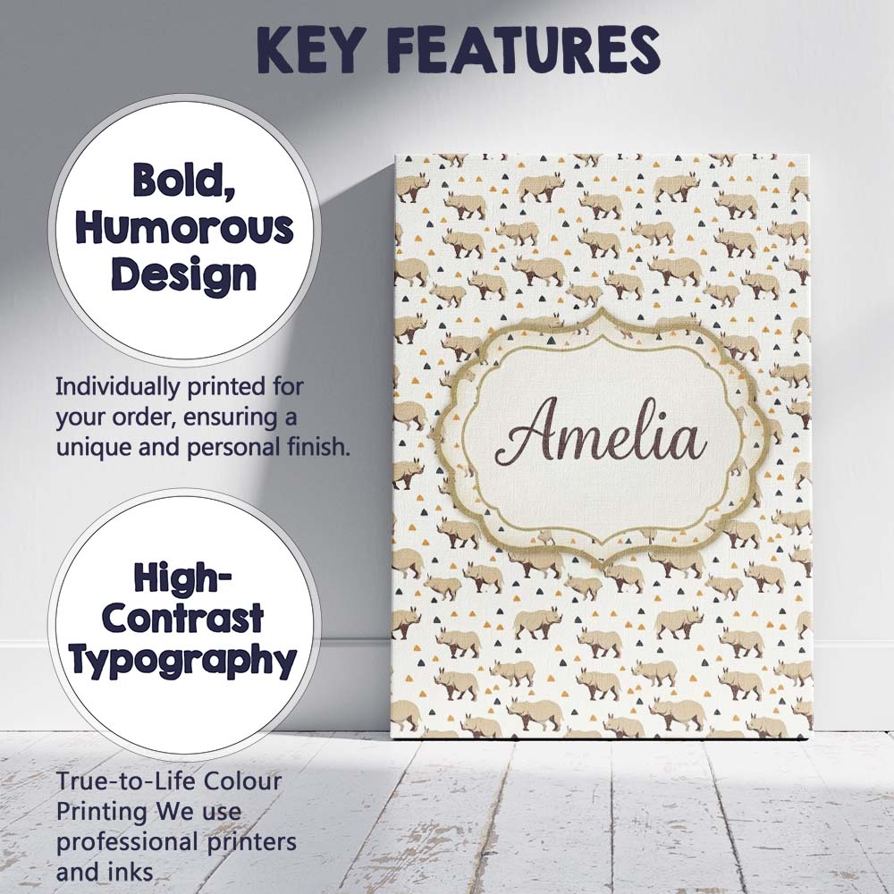 Personalised Name Simple Beige Rhino with Custom  Unique Gift Idea Elegant Feature Canvas Wall Art Print Decor Picture Ready to Hang