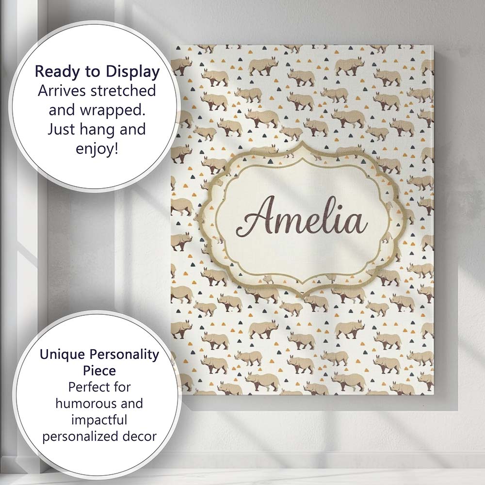 Personalised Name Simple Beige Rhino with Custom  Unique Gift Idea Elegant Feature Canvas Wall Art Print Decor Picture Ready to Hang