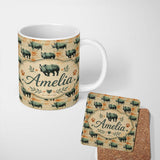 Personalized Custom Name Vintage Style Rhino Illustration with Grunge Texture Seamless 11oz Ceramic Coffee Tea Mug White Large Handle