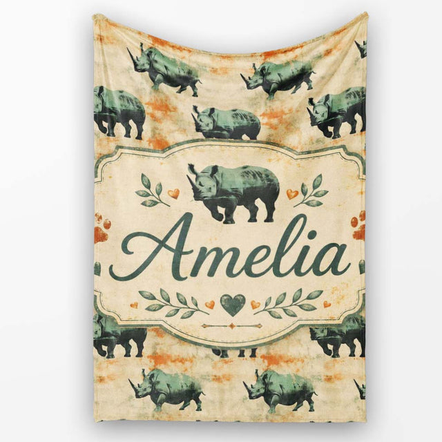 Vintage Style Rhino Illustration with Grunge Texture Seamless  Personalised Custom Name Super Soft Fleece Blanket Bed Sofa Throw