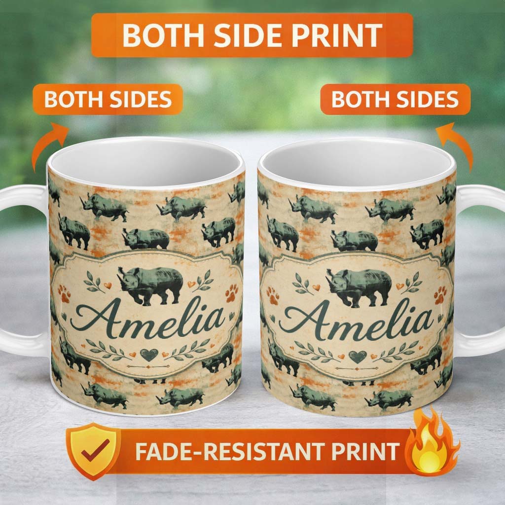 Personalized Custom Name Vintage Style Rhino Illustration with Grunge Texture Seamless 11oz Ceramic Coffee Tea Mug White Large Handle