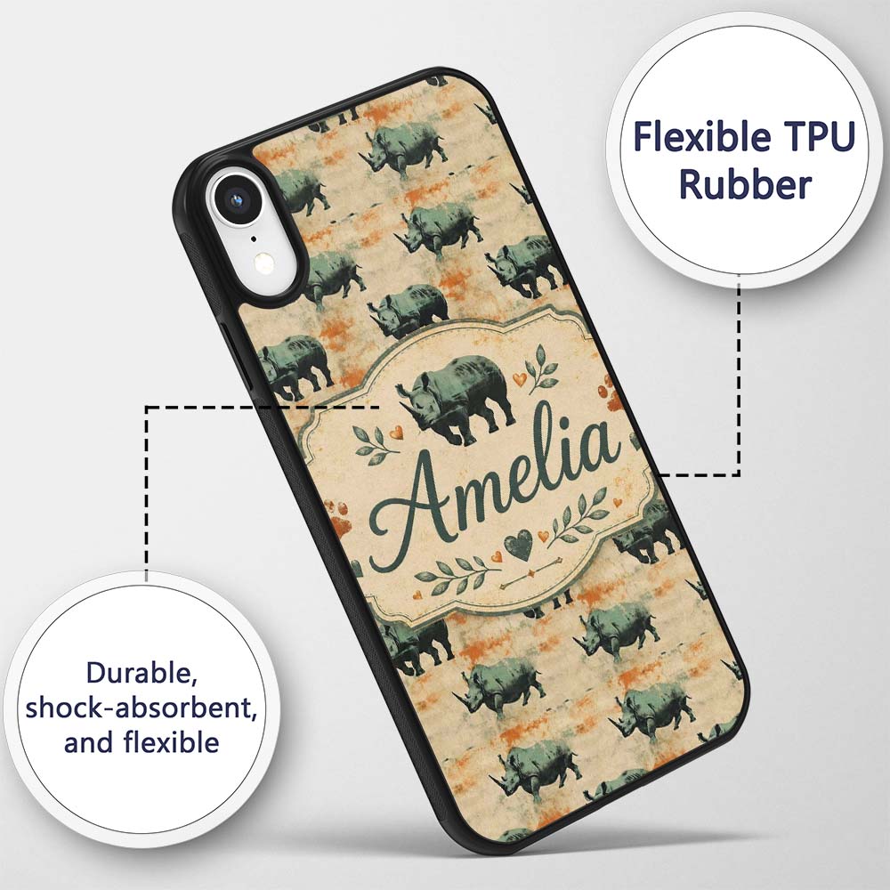 Vintage Style Rhino Illustration with Grunge Custom Name Protective Phone Case Mobile Cover Durable Everyday Smartphone Shock Resistant