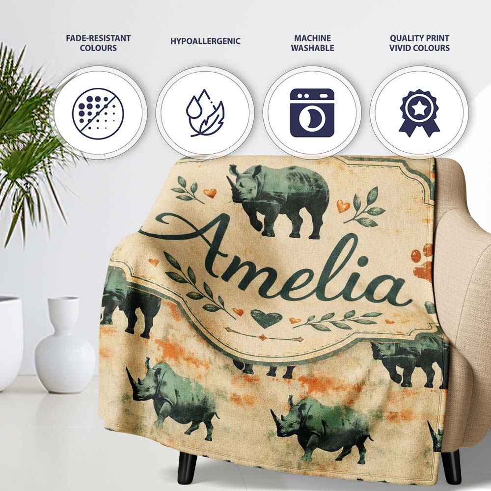 Vintage Style Rhino Illustration with Grunge Texture Seamless  Personalised Custom Name Super Soft Fleece Blanket Bed Sofa Throw
