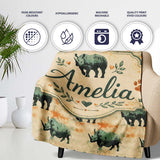Vintage Style Rhino Illustration with Grunge Texture Seamless  Personalised Custom Name Super Soft Fleece Blanket Bed Sofa Throw