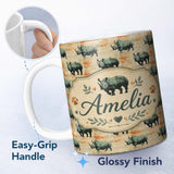Personalized Custom Name Vintage Style Rhino Illustration with Grunge Texture Seamless 11oz Ceramic Coffee Tea Mug White Large Handle