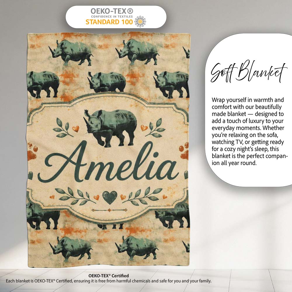 Vintage Style Rhino Illustration with Grunge Texture Seamless  Personalised Custom Name Super Soft Fleece Blanket Bed Sofa Throw