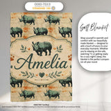 Vintage Style Rhino Illustration with Grunge Texture Seamless  Personalised Custom Name Super Soft Fleece Blanket Bed Sofa Throw