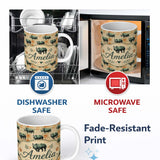 Personalized Custom Name Vintage Style Rhino Illustration with Grunge Texture Seamless 11oz Ceramic Coffee Tea Mug White Large Handle