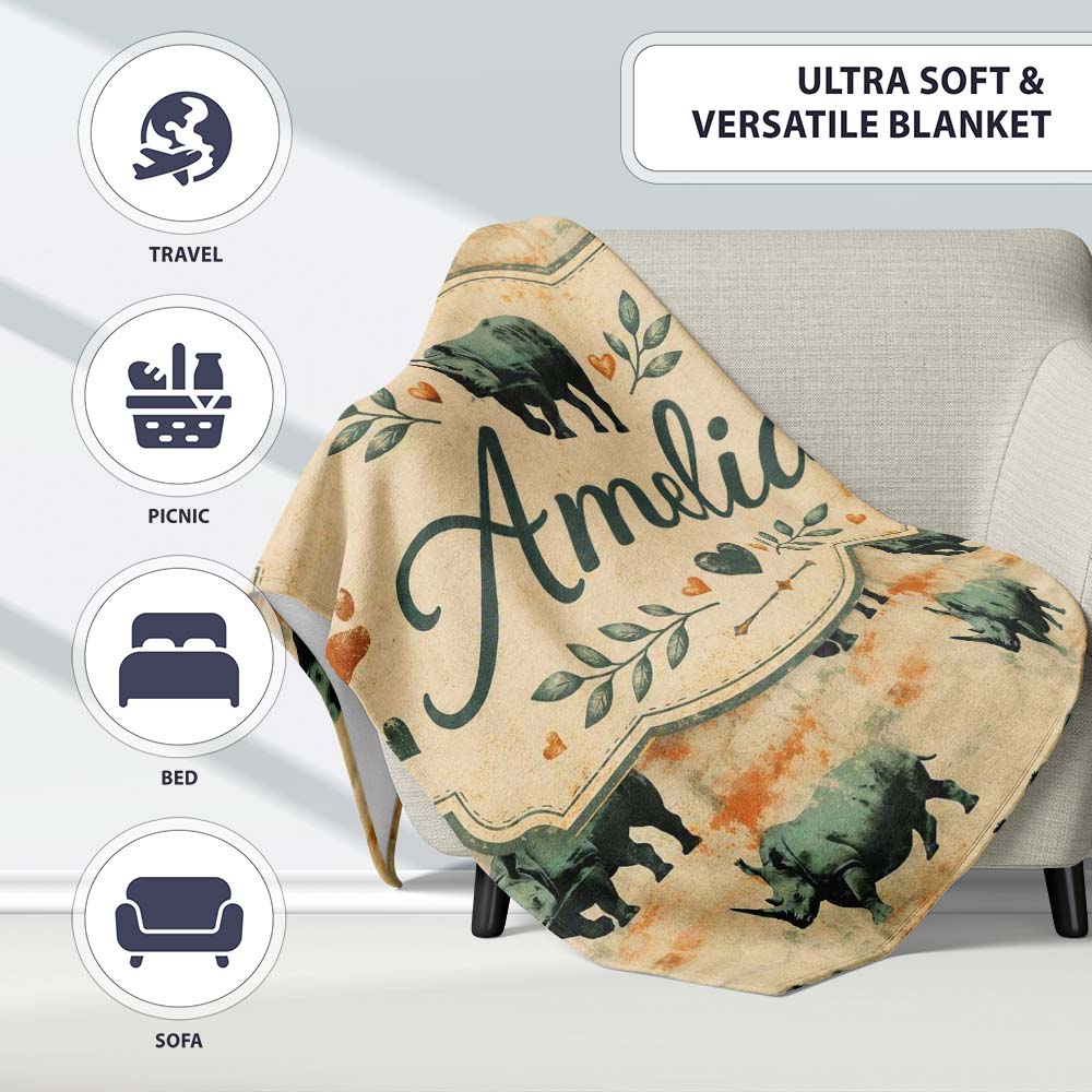 Vintage Style Rhino Illustration with Grunge Texture Seamless  Personalised Custom Name Super Soft Fleece Blanket Bed Sofa Throw