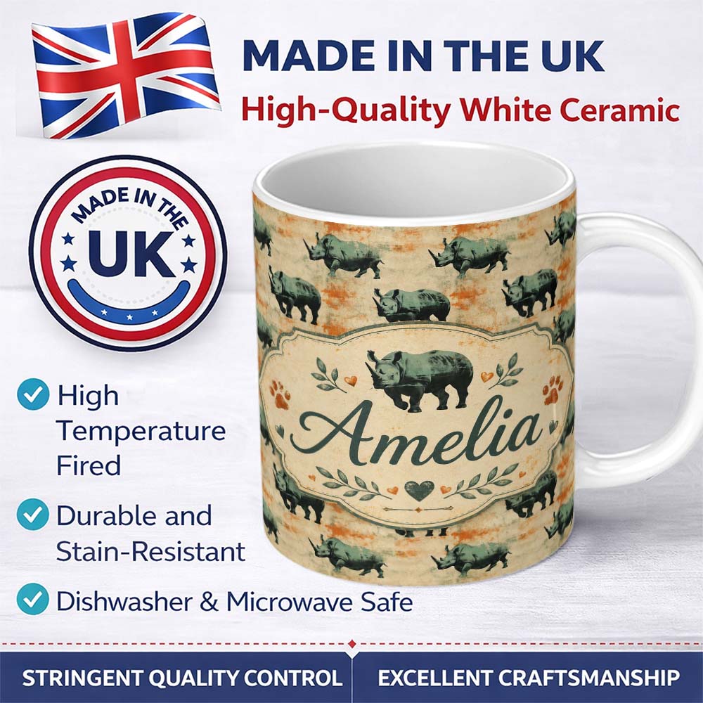 Personalized Custom Name Vintage Style Rhino Illustration with Grunge Texture Seamless 11oz Ceramic Coffee Tea Mug White Large Handle