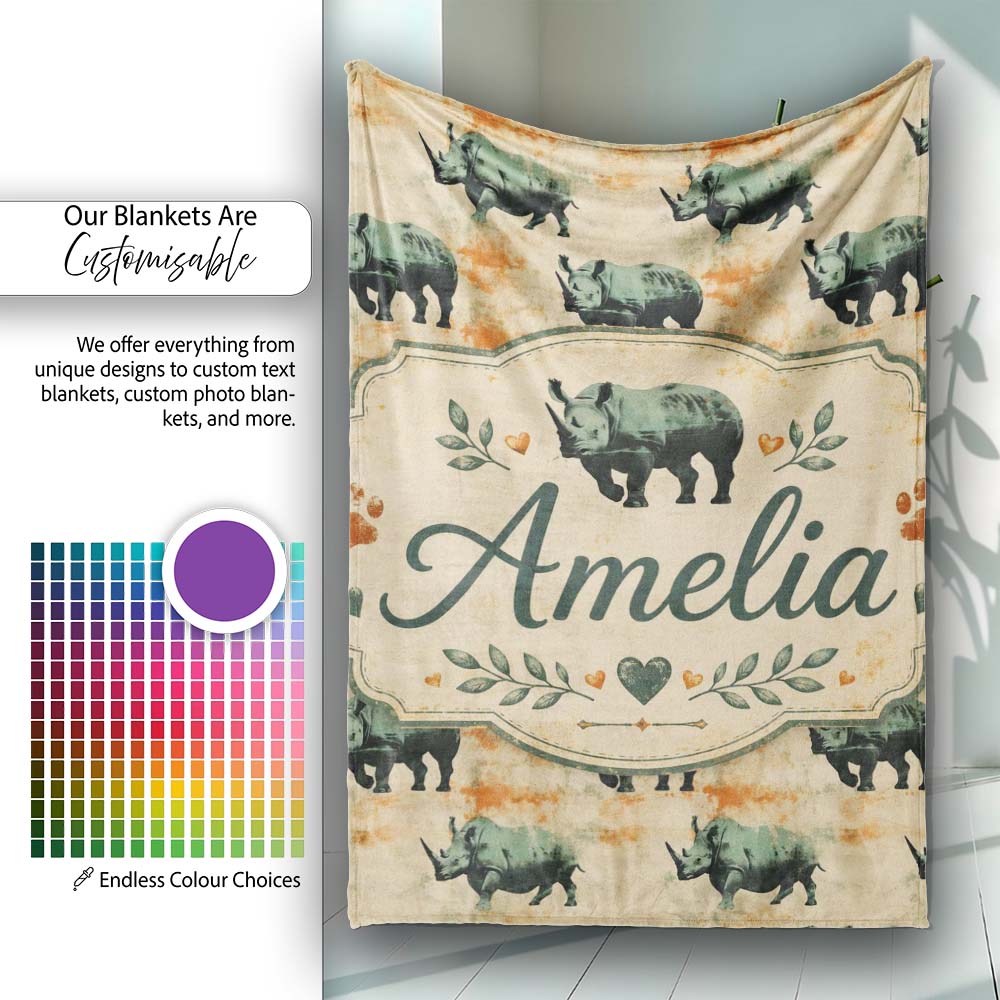 Vintage Style Rhino Illustration with Grunge Texture Seamless  Personalised Custom Name Super Soft Fleece Blanket Bed Sofa Throw