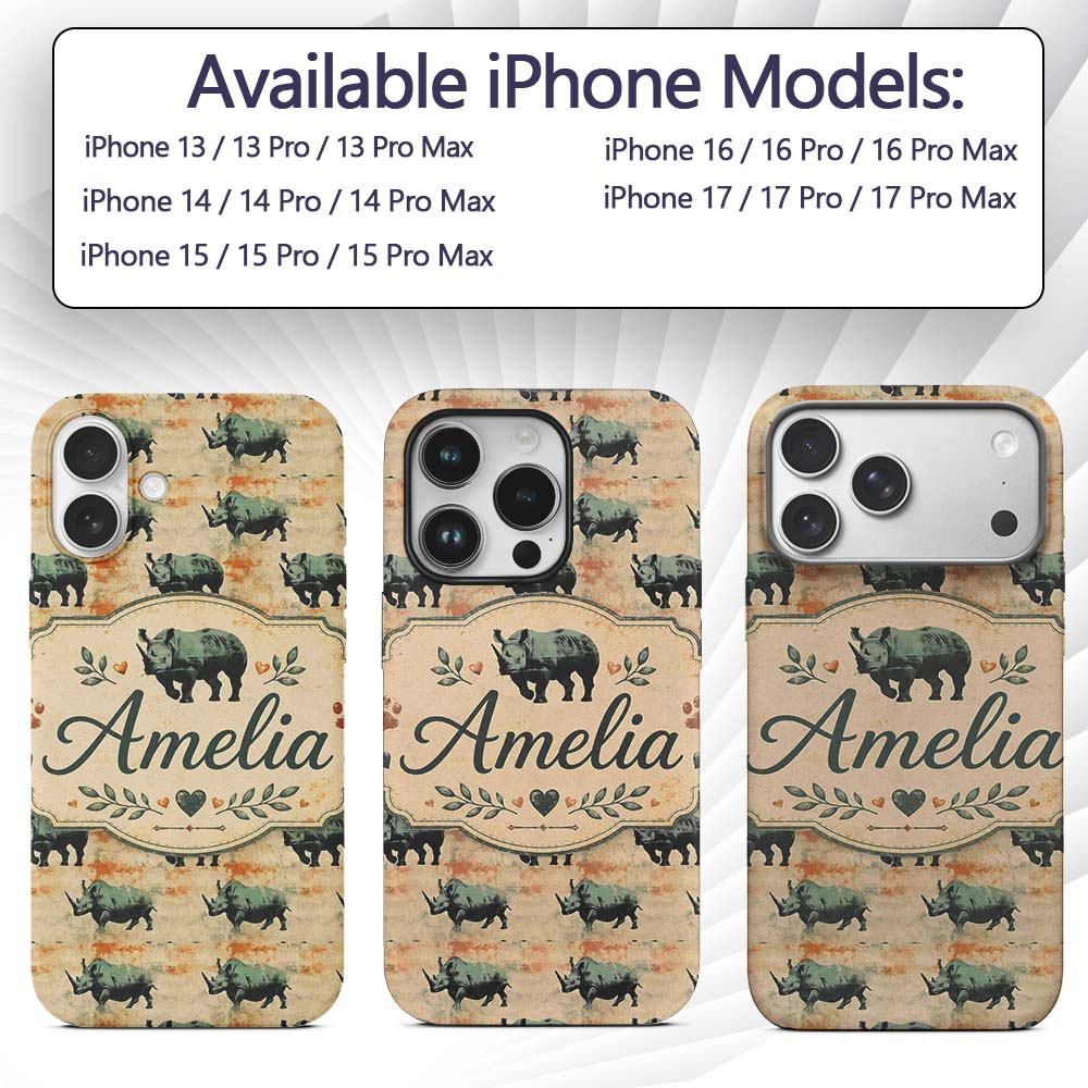 Vintage Style Rhino Illustration with Grunge Custom Name Protective Phone Case Mobile Cover Durable Everyday Smartphone Shock Resistant