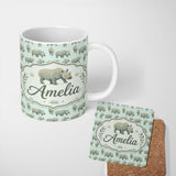 Personalized Custom Name Realistic Rhino Figures on Soft Blue Background Seamless Pattern 11oz Ceramic Coffee Tea Mug White Large Handle