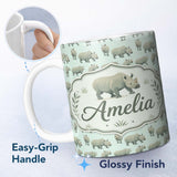 Personalized Custom Name Realistic Rhino Figures on Soft Blue Background Seamless Pattern 11oz Ceramic Coffee Tea Mug White Large Handle