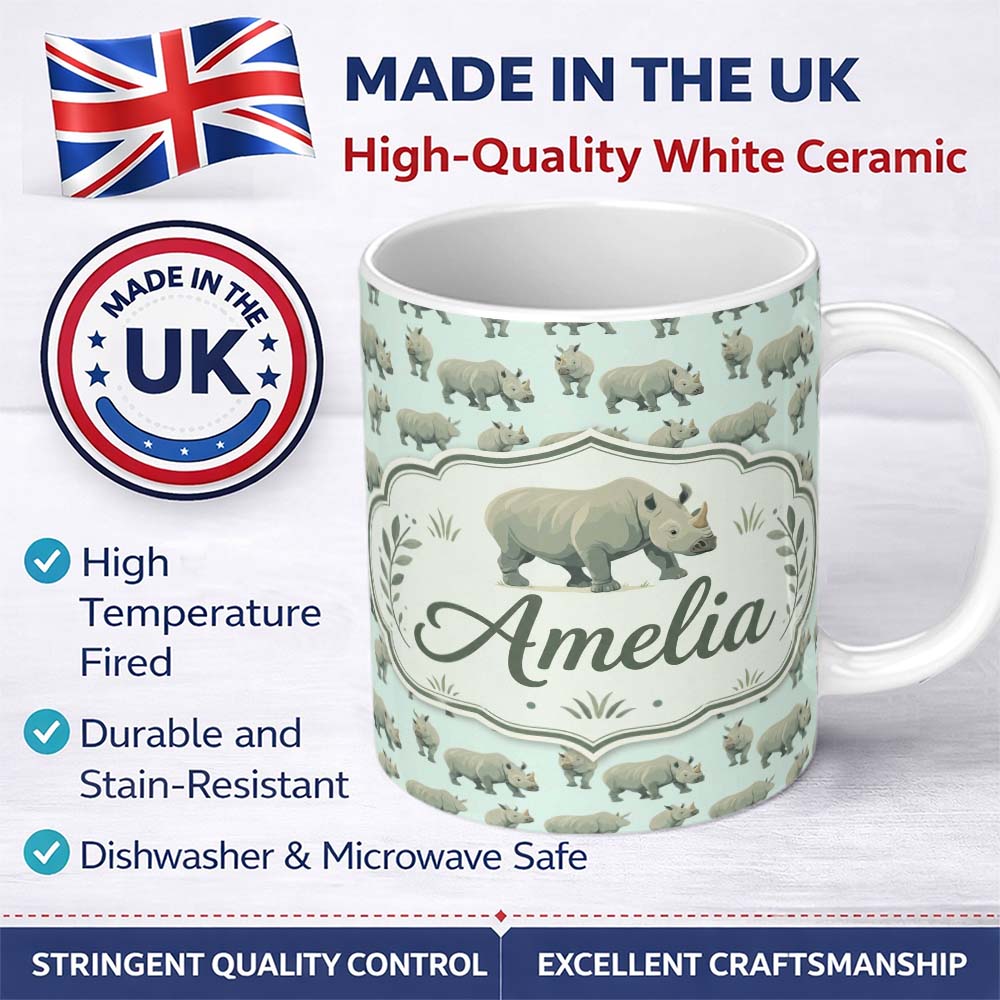 Personalized Custom Name Realistic Rhino Figures on Soft Blue Background Seamless Pattern 11oz Ceramic Coffee Tea Mug White Large Handle