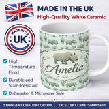 Personalized Custom Name Realistic Rhino Figures on Soft Blue Background Seamless Pattern 11oz Ceramic Coffee Tea Mug White Large Handle