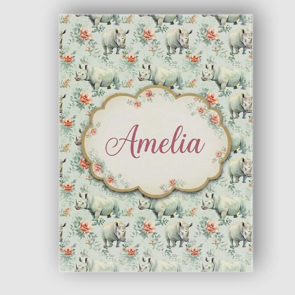 Personalised Name Elegant Rhino with Floral Custom  Bespoke Interior Contemporary Canvas Wall Art Print Decor Picture Ready to Hang