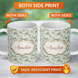 Personalized Custom Name Elegant Rhino with Floral Rose Elements Seamless Pattern Name Cute 11oz Ceramic Coffee Tea Mug White Large Handle