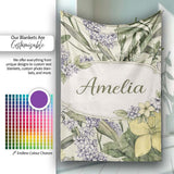 Vintage Botanical Floral Illustration Seamless Pattern Lovely  Personalised Custom Name Super Soft Fleece Blanket Bed Sofa Throw