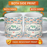 Personalized Custom Name Colorful Geometric Rhino Shapes Seamless Pattern Name Cute Unique 11oz Ceramic Coffee Tea Mug White Large Handle
