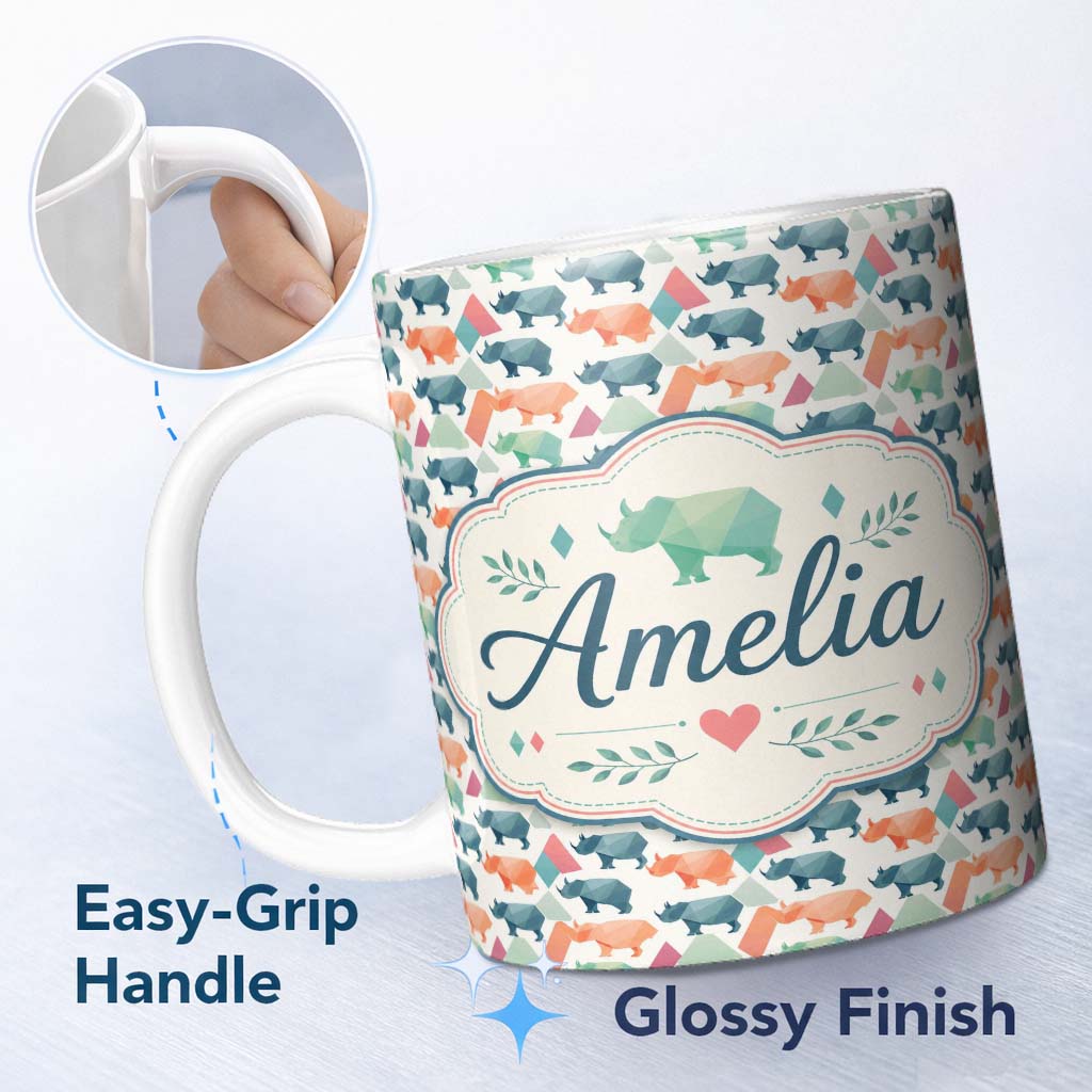Personalized Custom Name Colorful Geometric Rhino Shapes Seamless Pattern Name Cute Unique 11oz Ceramic Coffee Tea Mug White Large Handle