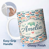 Personalized Custom Name Colorful Geometric Rhino Shapes Seamless Pattern Name Cute Unique 11oz Ceramic Coffee Tea Mug White Large Handle