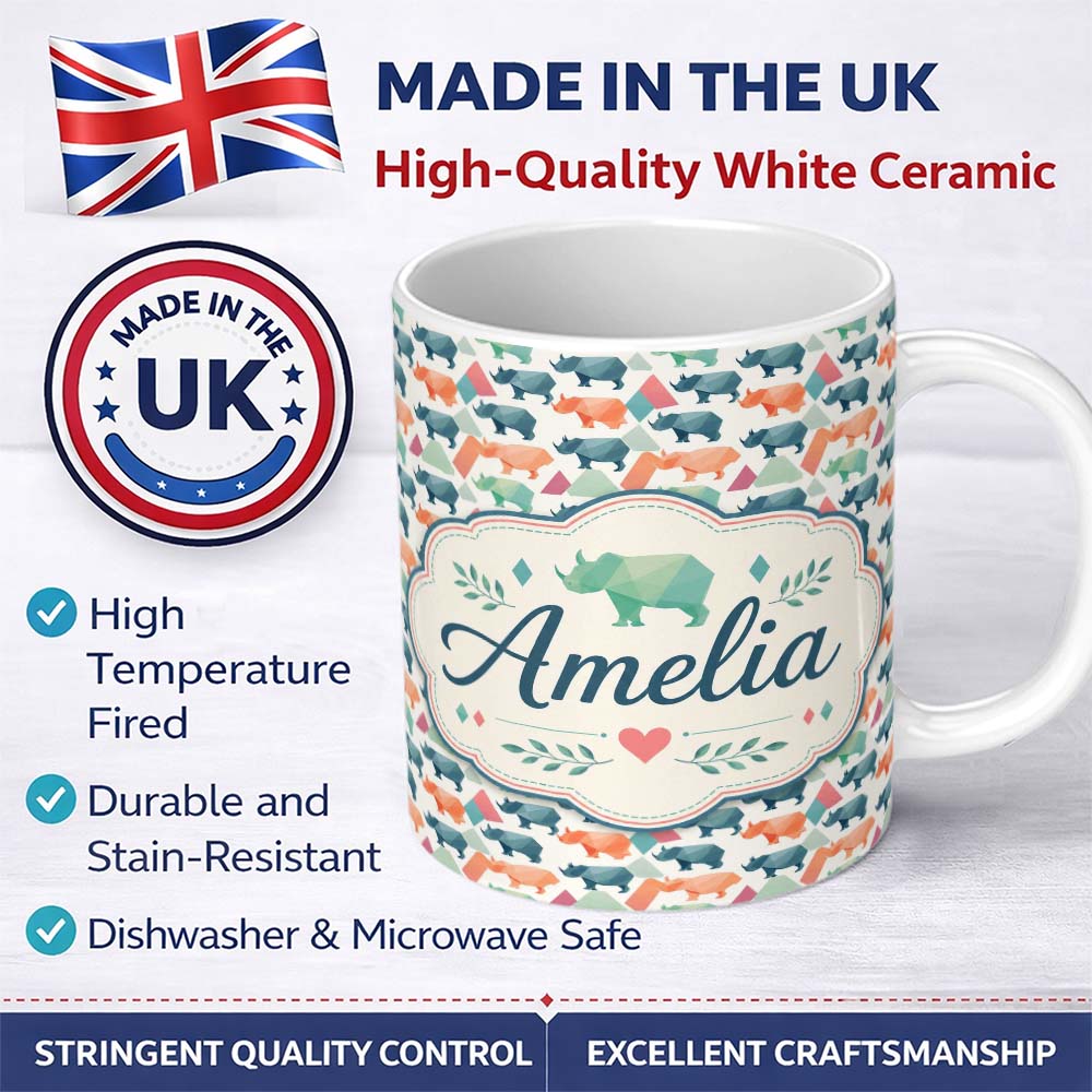 Personalized Custom Name Colorful Geometric Rhino Shapes Seamless Pattern Name Cute Unique 11oz Ceramic Coffee Tea Mug White Large Handle