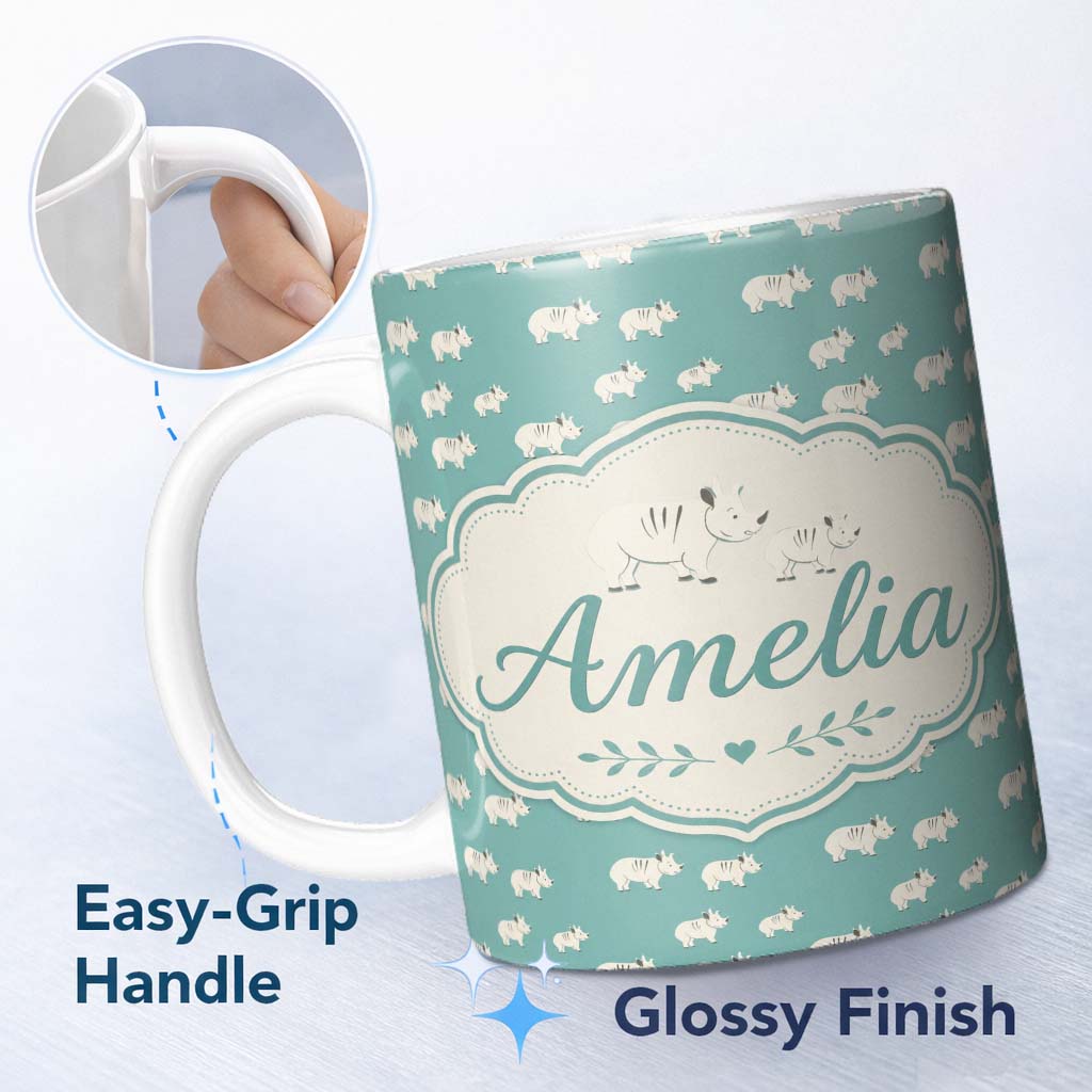 Personalized Custom Name Minimal White Rhino on Teal Background Seamless Pattern Name Cute 11oz Ceramic Coffee Tea Mug White Large Handle