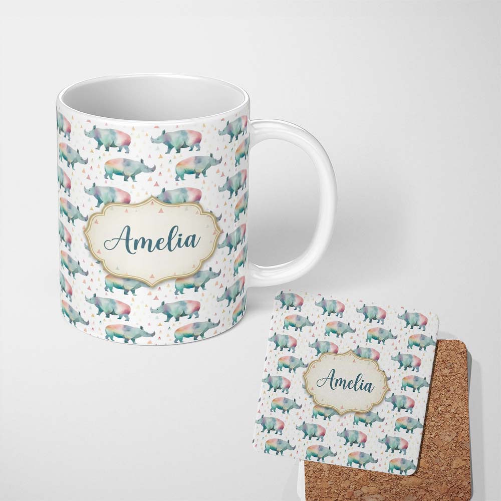 Personalized Custom Name Pastel Watercolor Rhino with Colorful Triangle Background Seamless 11oz Ceramic Coffee Tea Mug White Large Handle