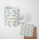 Personalized Custom Name Pastel Watercolor Rhino with Colorful Triangle Background Seamless 11oz Ceramic Coffee Tea Mug White Large Handle