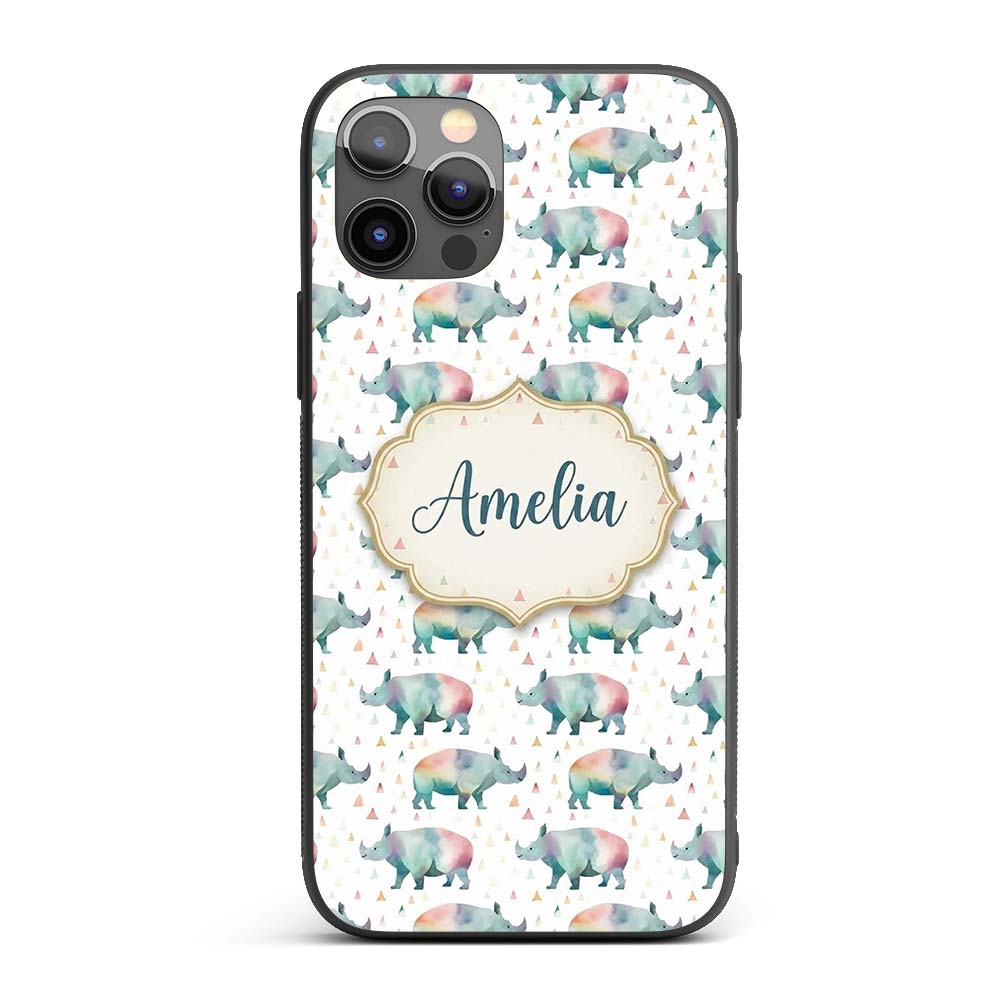 Pastel Watercolor Rhino with Colorful Triangle Custom Name Protective Phone Case Mobile Cover Durable Everyday Smartphone Shock Resistant