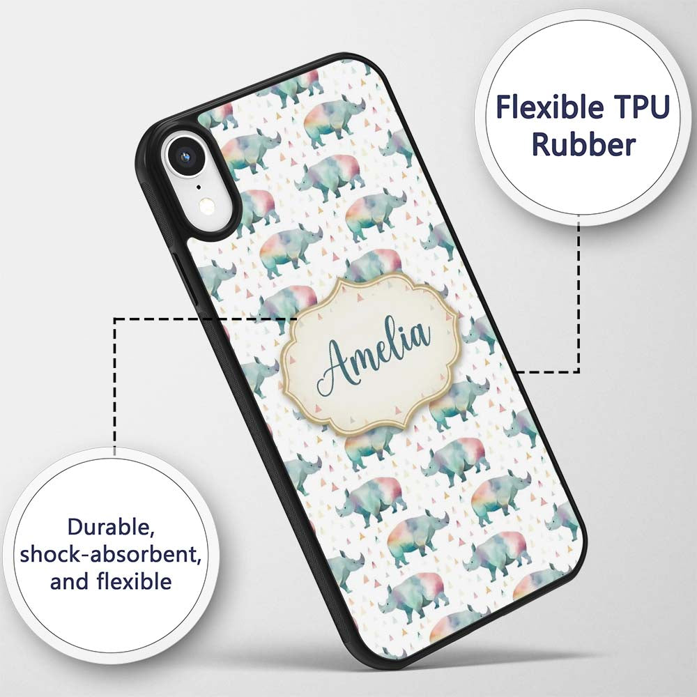 Pastel Watercolor Rhino with Colorful Triangle Custom Name Protective Phone Case Mobile Cover Durable Everyday Smartphone Shock Resistant