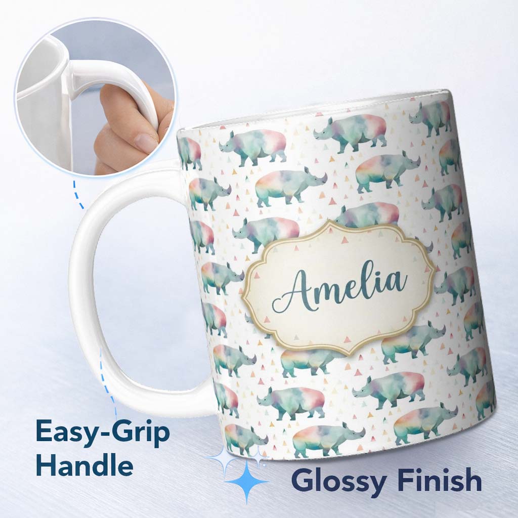 Personalized Custom Name Pastel Watercolor Rhino with Colorful Triangle Background Seamless 11oz Ceramic Coffee Tea Mug White Large Handle