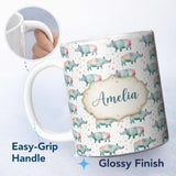 Personalized Custom Name Pastel Watercolor Rhino with Colorful Triangle Background Seamless 11oz Ceramic Coffee Tea Mug White Large Handle