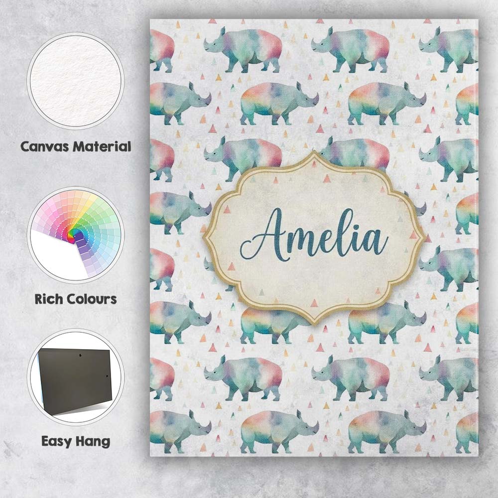 Personalised Name Pastel Watercolor Rhino Custom  Unique Gift Idea Elegant Feature Canvas Wall Art Print Decor Picture Ready to Hang