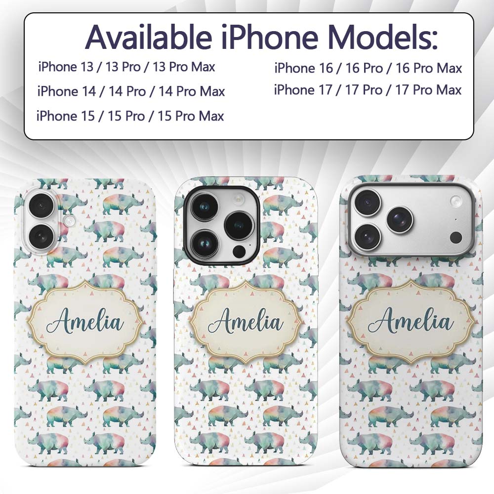 Pastel Watercolor Rhino with Colorful Triangle Custom Name Protective Phone Case Mobile Cover Durable Everyday Smartphone Shock Resistant