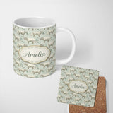 Personalized Custom Name Elegant Beige Rhino with Leaf Botanical Elements Seamless Pattern 11oz Ceramic Coffee Tea Mug White Large Handle