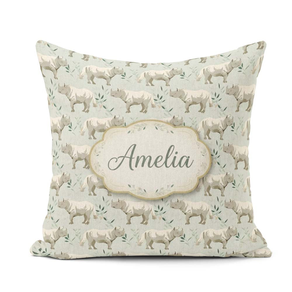 Custom Name Elegant Beige Rhino with Botanical Elements Seamless Square Filled Cushion Throw Pillow Sofa Bed Home Decor Zip Washable UK Made