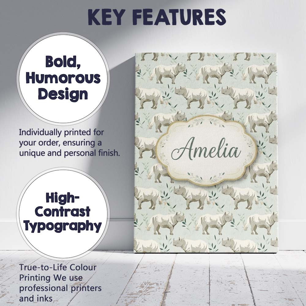 Personalised Name Elegant Beige Rhino with Custom  Bespoke Contemporary Statement Canvas Wall Art Print Decor Picture Ready to Hang