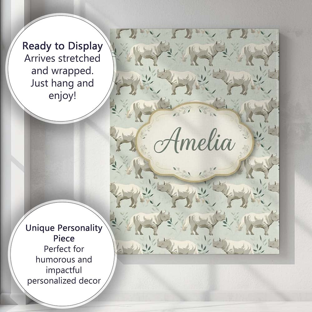 Personalised Name Elegant Beige Rhino with Custom  Bespoke Contemporary Statement Canvas Wall Art Print Decor Picture Ready to Hang