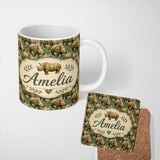 Personalized Custom Name Artistic Painted Rhino in Natural Green Tones Seamless Pattern Name 11oz Ceramic Coffee Tea Mug White Large Handle