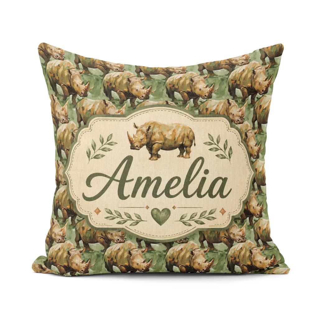 Custom Name Artistic Painted Rhino in Natural Green Pattern Name Square Filled Cushion Throw Pillow Sofa Bed Home Decor Zip Washable UK Made