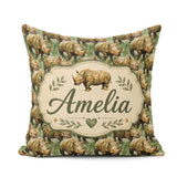 Custom Name Artistic Painted Rhino in Natural Green Pattern Name Square Filled Cushion Throw Pillow Sofa Bed Home Decor Zip Washable UK Made