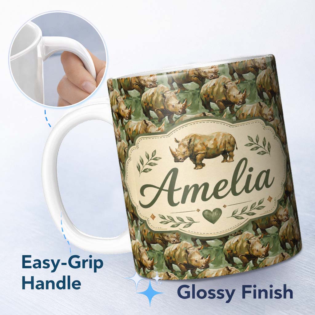 Personalized Custom Name Artistic Painted Rhino in Natural Green Tones Seamless Pattern Name 11oz Ceramic Coffee Tea Mug White Large Handle