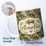 Personalized Custom Name Artistic Painted Rhino in Natural Green Tones Seamless Pattern Name 11oz Ceramic Coffee Tea Mug White Large Handle