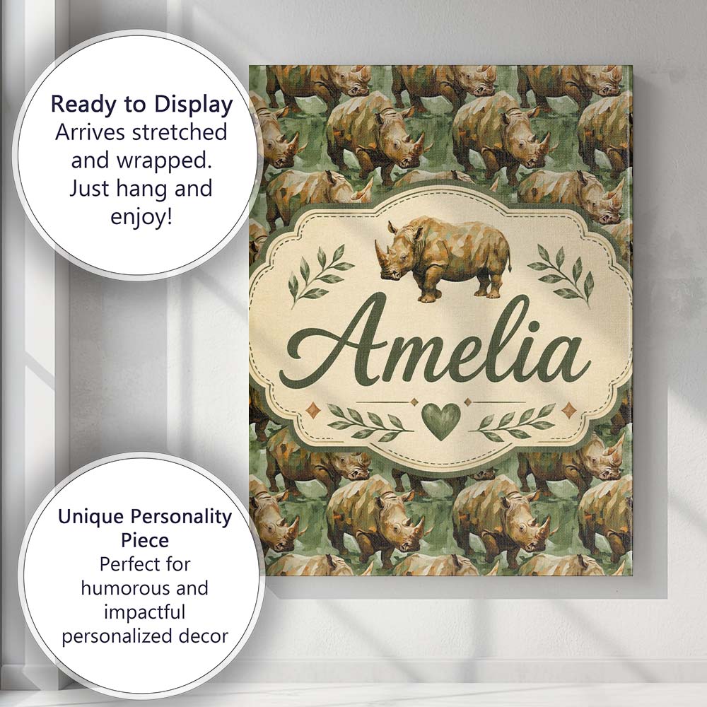 Personalised Name Artistic Painted Rhino in Custom  Bespoke Interior Contemporary Canvas Wall Art Print Decor Picture Ready to Hang