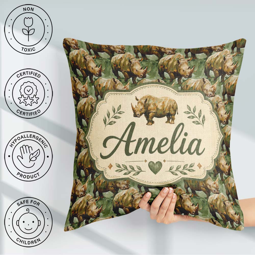 Custom Name Artistic Painted Rhino in Natural Green Pattern Name Square Filled Cushion Throw Pillow Sofa Bed Home Decor Zip Washable UK Made