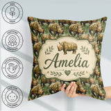 Custom Name Artistic Painted Rhino in Natural Green Pattern Name Square Filled Cushion Throw Pillow Sofa Bed Home Decor Zip Washable UK Made